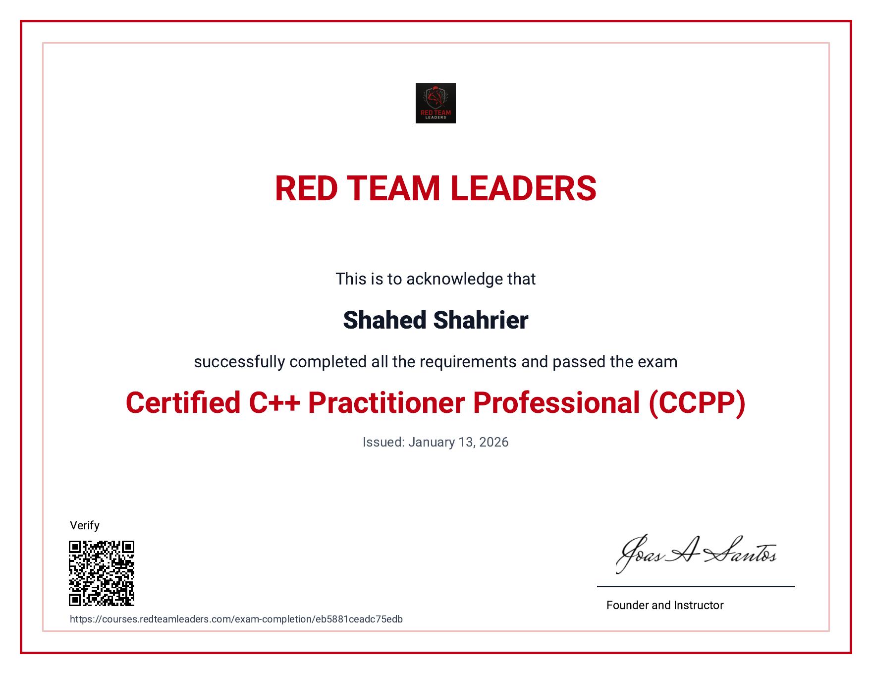 Certified C++ Practitioner Professional certificate for Shahed Shahrier