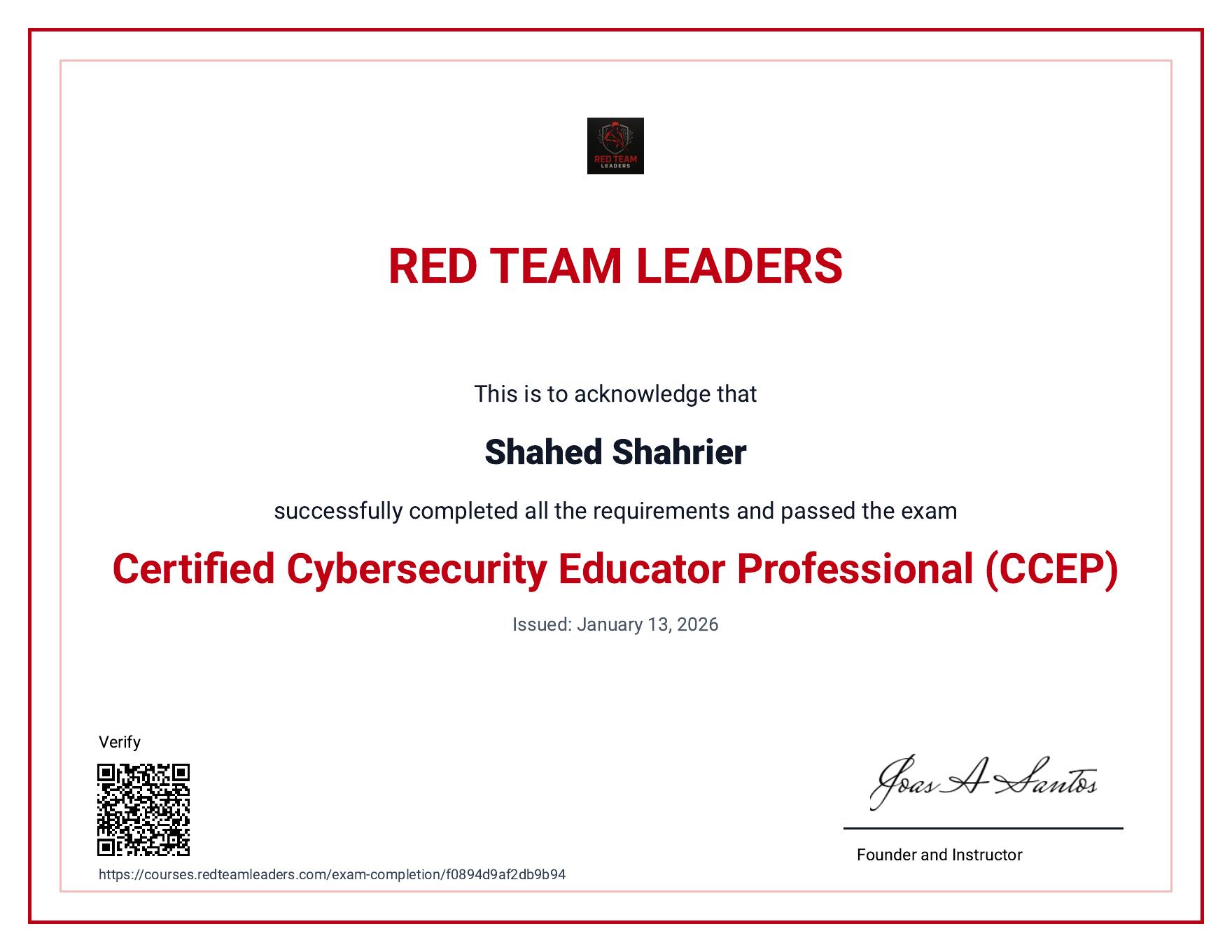 Certified Cybersecurity Educator Professional certificate for Shahed Shahrier