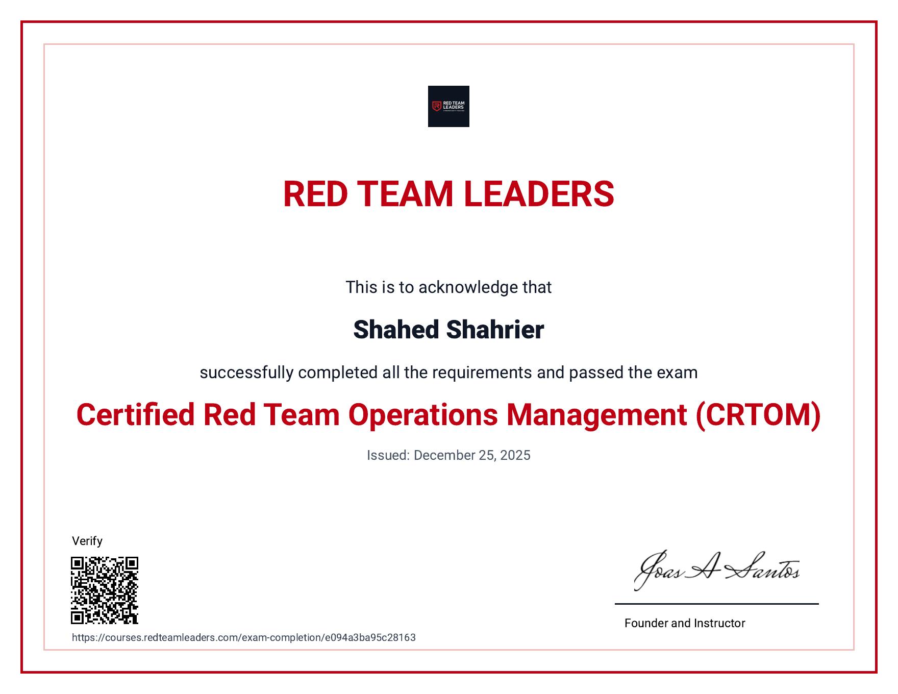 Certified Red Team Operations Management certificate for Shahed Shahrier